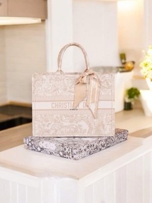 Dior Book Tote Cream Toile De Jouy With OG Box & Dust Bag & Scarf (Cream Tiger-842) (BSB)