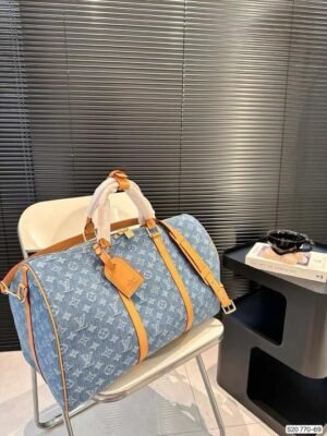 Louis Vuitton LV Keepall Bandoulire NBA Edition Premium Monogram Unisex Duffle Bag With Dust Bag & Accessories (Denim Brown - 684)(BSB)