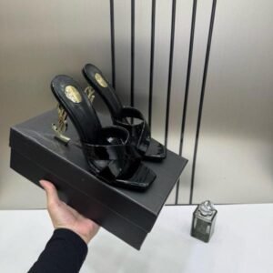 Ysl Saint Laurent Paris Gold Patent Leather Opyum Sandals Heel With OG Box