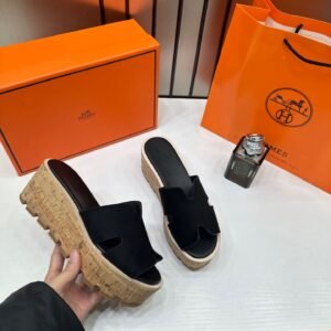 Hermes Calfskin Suede Leather Cork Eze 30 Sandals Black With OG Box Dust Bag & Carry Bag