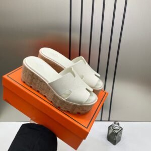Hermes Calfskin Suede Leather Cork Eze 30 Sandals White With OG Box Dust Bag & Carry Bag