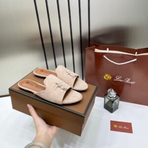 Loro Piana Summer Charms Apricot suede Flat Slides For Her With OG Box Apricot