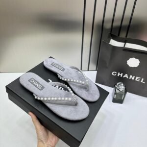 Chanel_Pearl-Embellished_Grey_Velvet_Thong_Slide_With_OG_Box_&_Carry_Bag_2428C_Grey