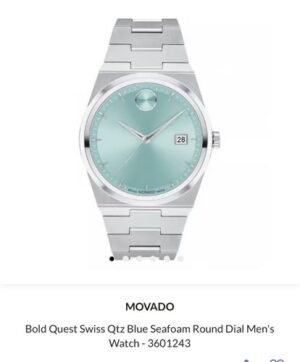 Movado Bold Silver Blue Seafoam Authentic Store Quality