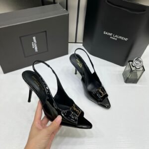 Ysl Saint Laurent Black Patent Leather Slingback Heels With OG Box & Carry Bag Black A19