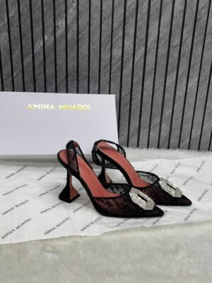 Amina Muaddi Camellia Crystal Embellished Lace SlingBack Heels For Women With Original Box