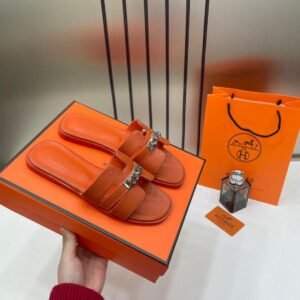 Hermes Paris Oran Flats For Her With OG Box & Carry Bag H38-41 Orange Slide