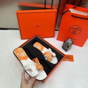 Hermes Paris Oran Flats For Her With OG Box & Carry Bag H38-44 White Orange Slide