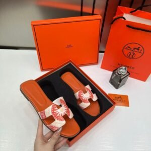Hermes Paris Oran Flats For Her With OG Box & Carry Bag H38-44 Orange Color Slide