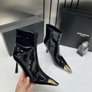 Ysl_Saint_Laurent_Paris_Black_Glossy_High-Heeled_Ankle_Boots_With_Gold_Metal_Toe_Cap_With_OG_Box_Dust_Cover_&_Carry_Bag_B1_Black_Glossy