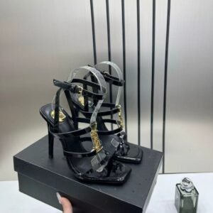 YSL Cassandra Multi-Strap Patent Leather Stiletto Sandal Black With OG Box & Carry Bag 718-3