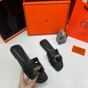 Hermes Paris Oran Flats For Her With OG Box & Carry Bag H38-41 Black Slide