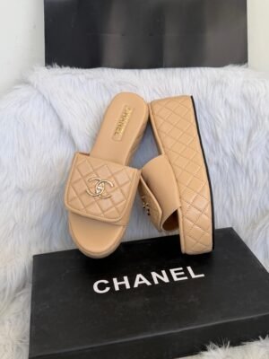 Chanel_Twist_Lock_Khakhi_platform_Slides_For_Women_With_Original_Box_And_Carry_Bag