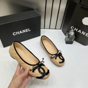 Chanel_Quilted_Cambon_Leather_Ballet_Flats_In_Apricot_Beige_Black_Toe_Bow_With_OG_Box_&_Carry_Bag