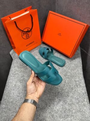 Hermes Paris Oran Flats For Her With OG Box & Carry Bag All Dark Green Slide H38 Dark Green