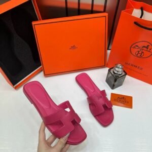 Hermes Paris Oran Flats For Her With OG Box & Carry Bag Rose Red Slide H38 Rose Red