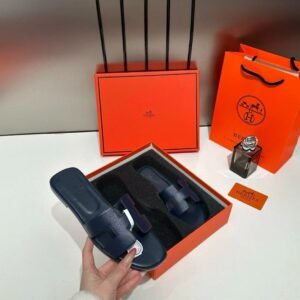 Hermes Paris Oran Flats For Her With OG Box & Carry Bag Dark Blue Slide H38 Dark Blue
