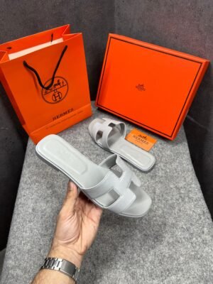 Hermes Paris Oran Flats For Her With OG Box & Carry Bag All Light Blue Slide H38 Light Blue