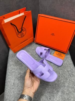 Hermes Paris Oran Flats For Her With OG Box & Carry Bag Light Purple Slide H38 Light Purple